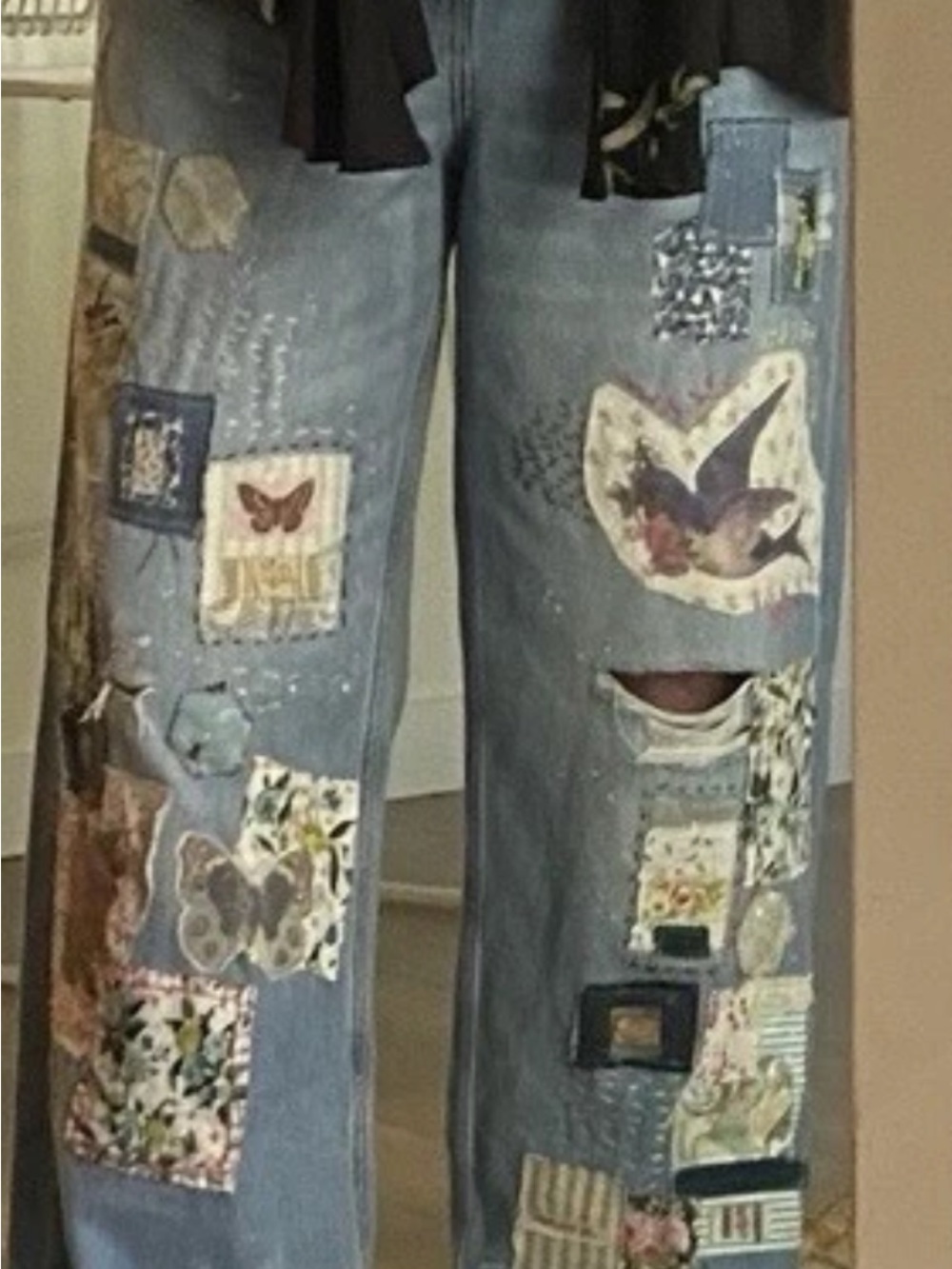 Upcycled jeans boho,hippie, re-worked with patches Wide Leg Size 14